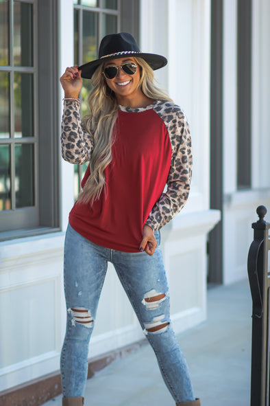 DOORBUSTER Red & Leopard Raglan Long Sleeve Top