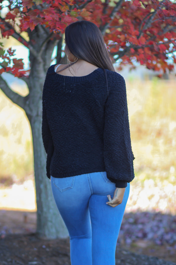 Black Balloon Sleeve Button Down Popcorn Sweater