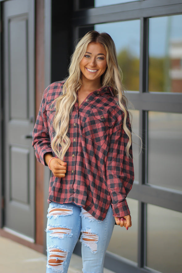 Deep Red Plaid Button Down Flannel Top