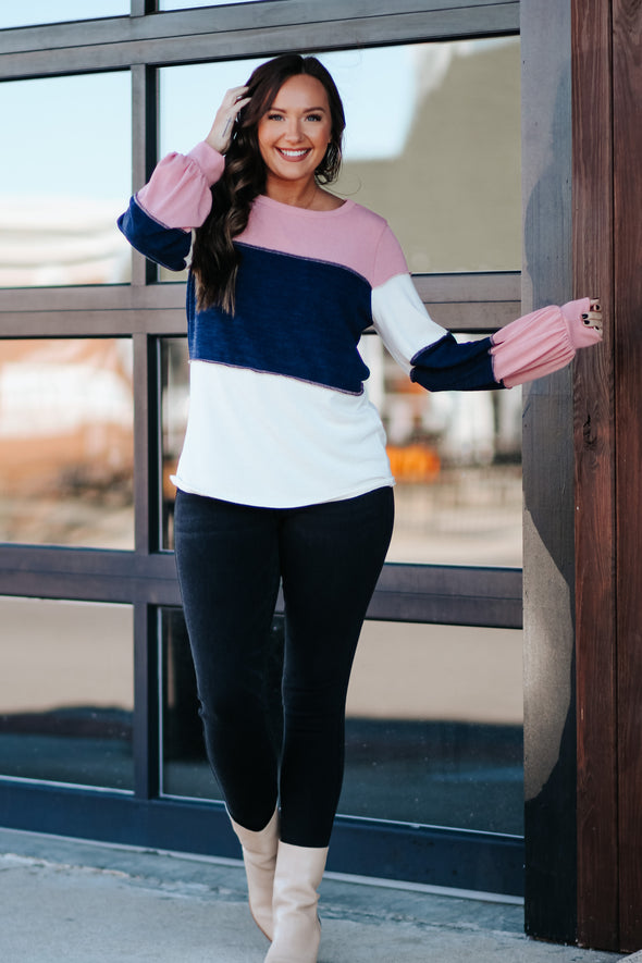 Rose & Navy Colorblock Balloon Sleeve Top