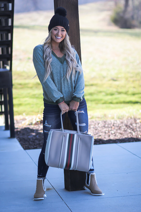 Olive Contrast V Neck Soft Knit Top