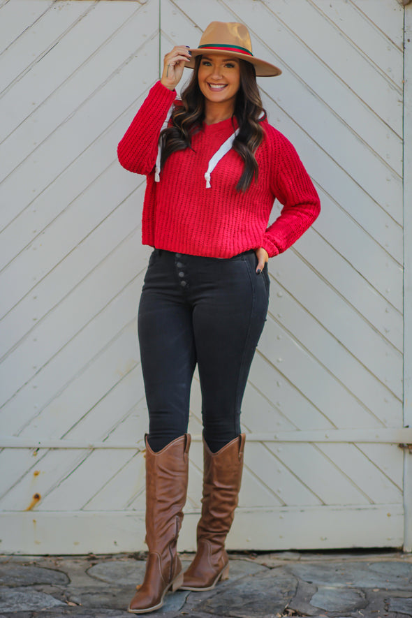 Red Sweater Knit Hooded Top