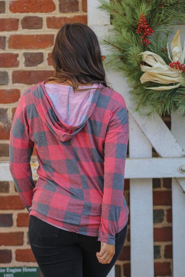 Red Buffalo Plaid Hooded V Neck Top