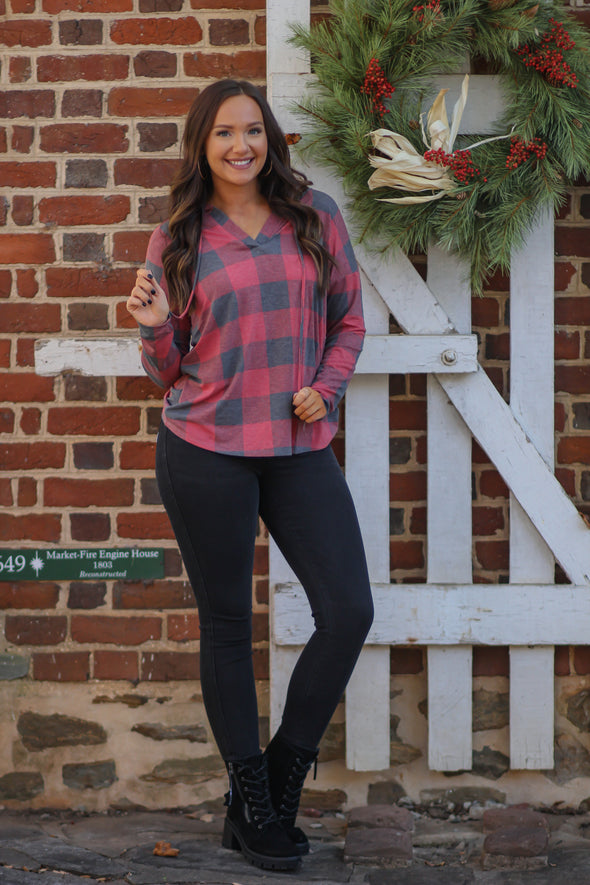 Red Buffalo Plaid Hooded V Neck Top