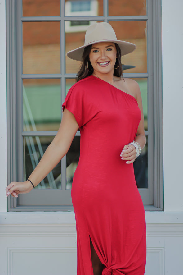 Red Draped One Shoulder Maxi Dress
